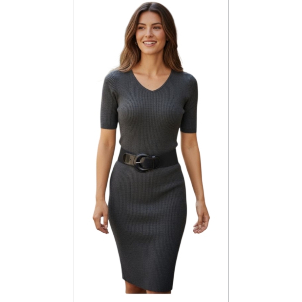 "The Limited" (XS) Ribbed Knit Dress, Gray Midi Dress ( Belt Not Included)